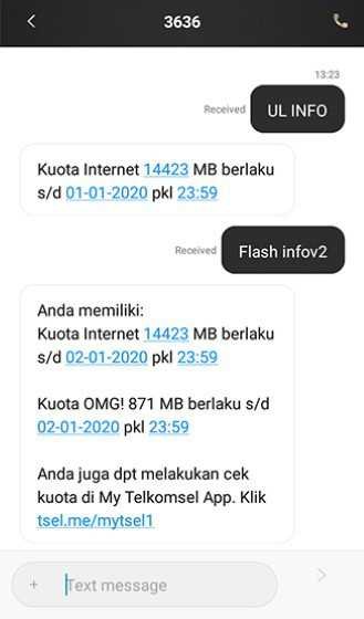 cek kuota via sms