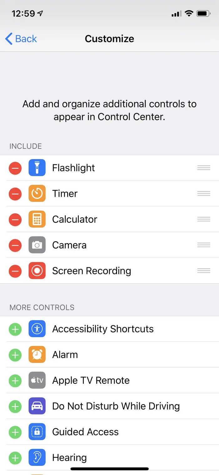 pengaturan control center iphone