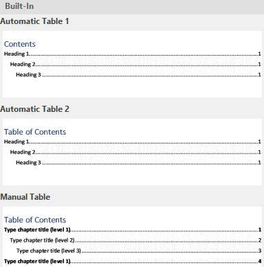 table of contents type table of contents type