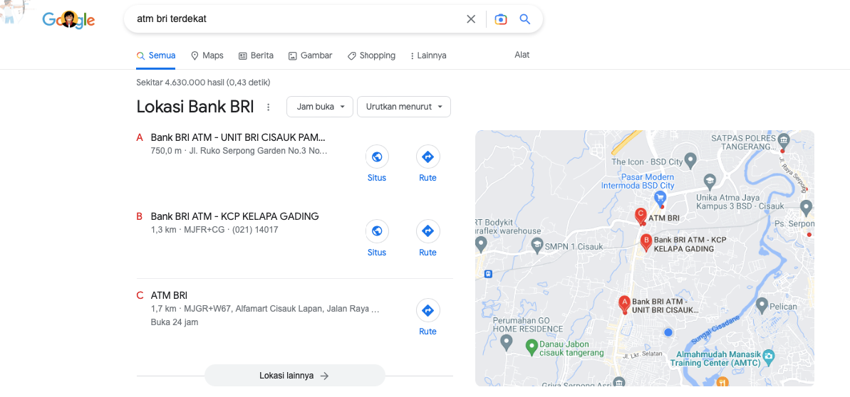 Mencari Kantor atau ATM BRI Terdekat via Pencarian Google